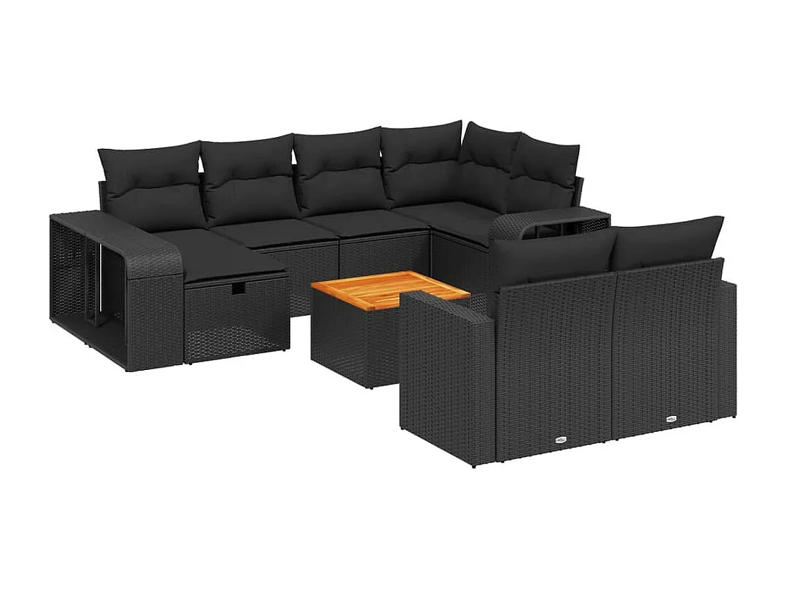Set de sofás de jardín 11 pzas y cojines ratán sintético negro