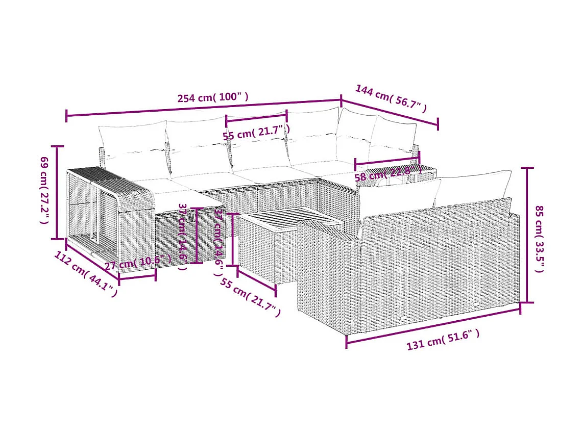 Set de sofás de jardín 11 pzas y cojines ratán sintético negro