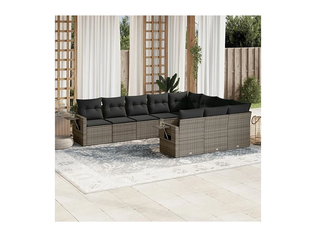 Salon de jardin avec coussins 10 pcs gris résine tressée