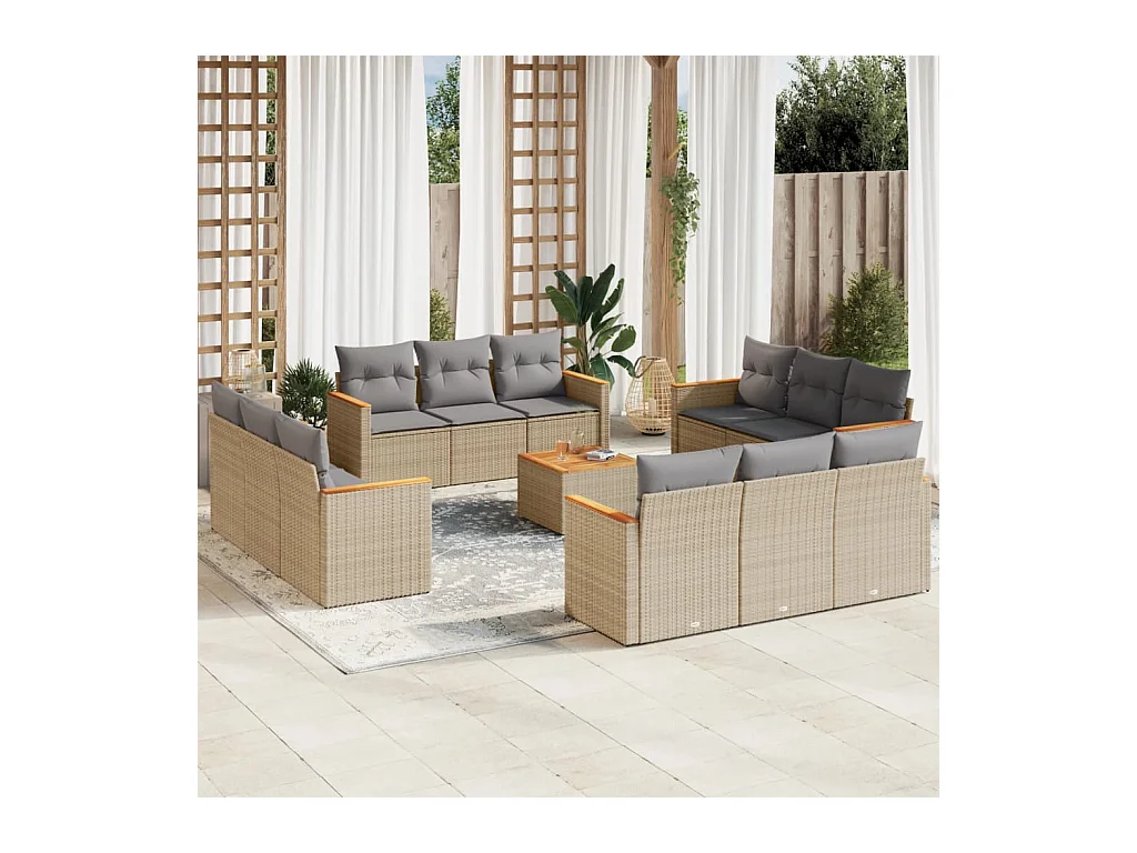 Salon de jardin avec coussins 13 pcs beige résine tressée