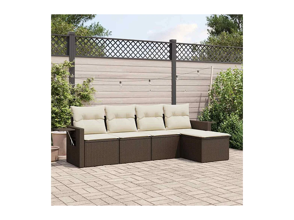 Set Divano da Giardino 5 pz con Cuscini Marrone in Polyrattan