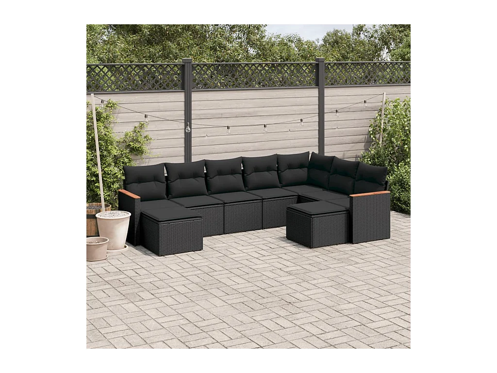 9-tlg. Garten-Sofagarnitur mit Kissen Schwarz Poly Rattan