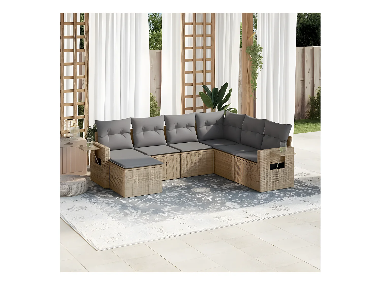 7 pcs conjunto de sofás p/ jardim com almofadões vime PE bege