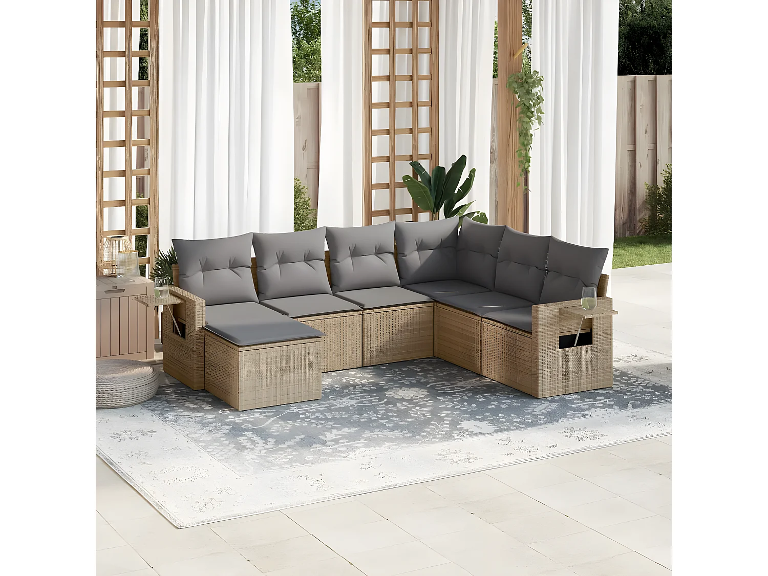 Salon de jardin avec coussins 7 pcs beige résine tressée