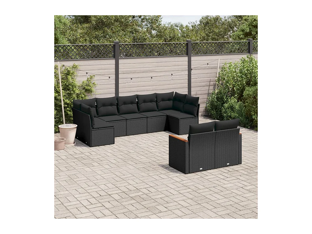 Set Divani da Giardino 9 pz con Cuscini Nero in Polyrattan