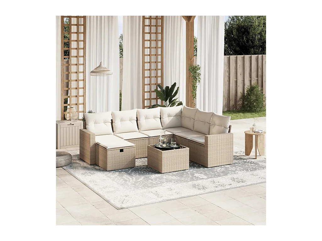 Salon de jardin avec coussins 8 pcs beige résine tressée