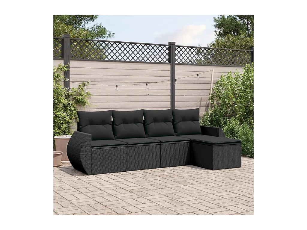 5-tlg. Garten-Sofagarnitur mit Kissen Schwarz Poly Rattan