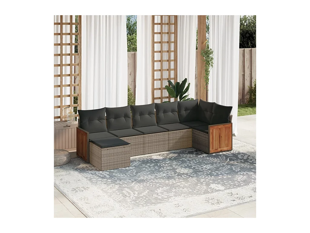 Salon de jardin avec coussins 7 pcs gris résine tressée