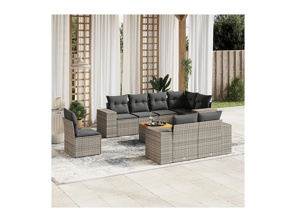 Set Divano da Giardino 9 pz con Cuscini Grigio in Polyrattan