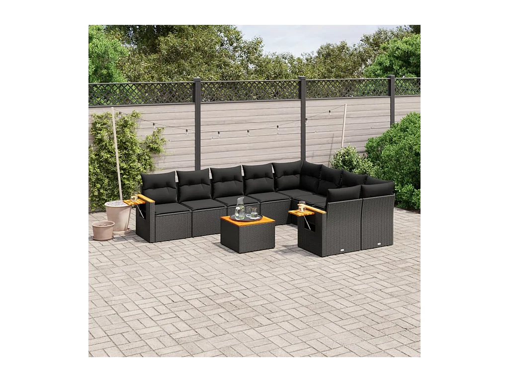 Salon de jardin 10 pcs avec coussins noir résine tressée
