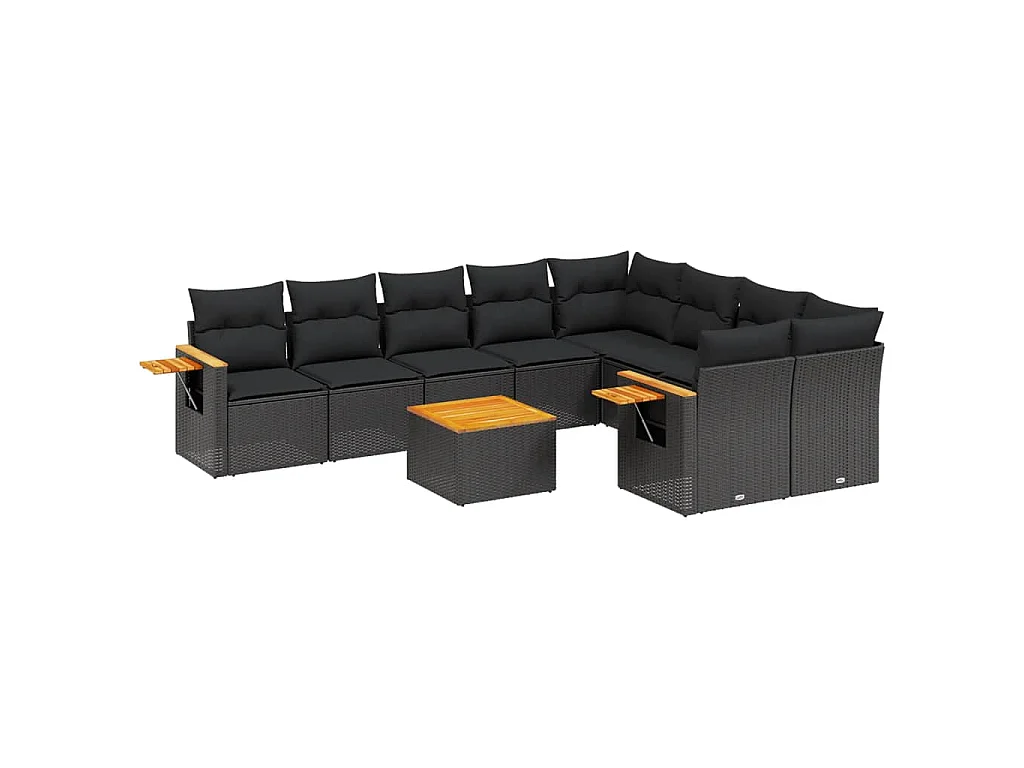 10-delige Loungeset met kussens poly rattan zwart