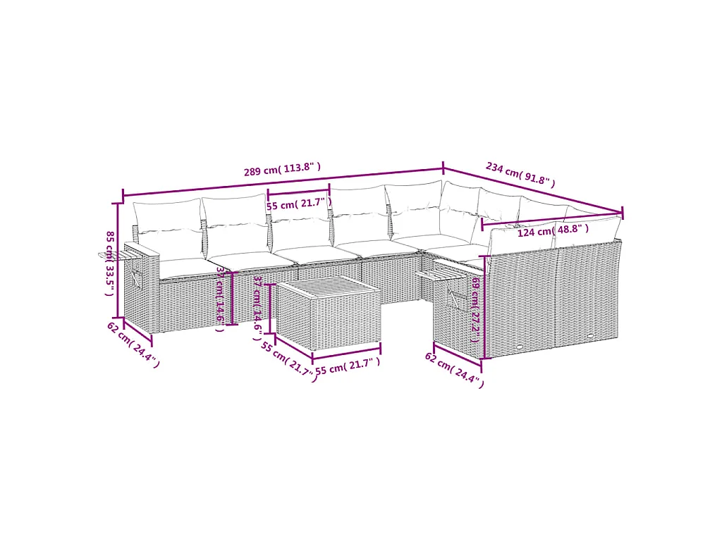 10-delige Loungeset met kussens poly rattan zwart