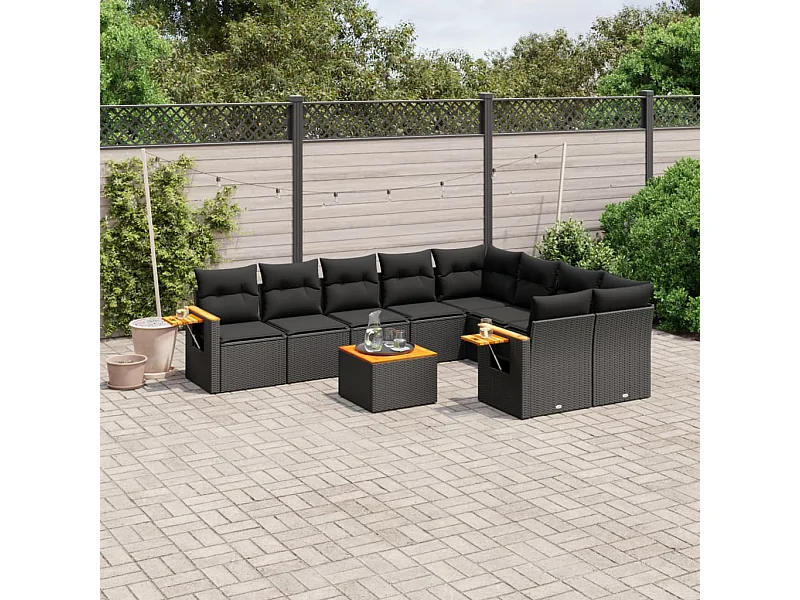 Salon de jardin 10 pcs avec coussins noir résine tressée
