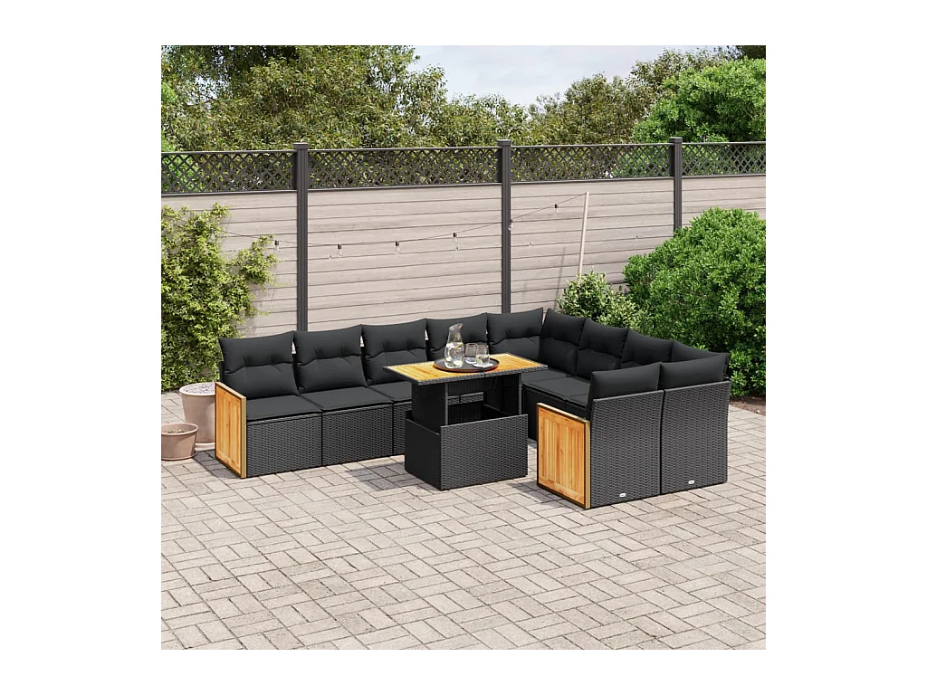 Salon de jardin 10 pcs avec coussins noir résine tressée