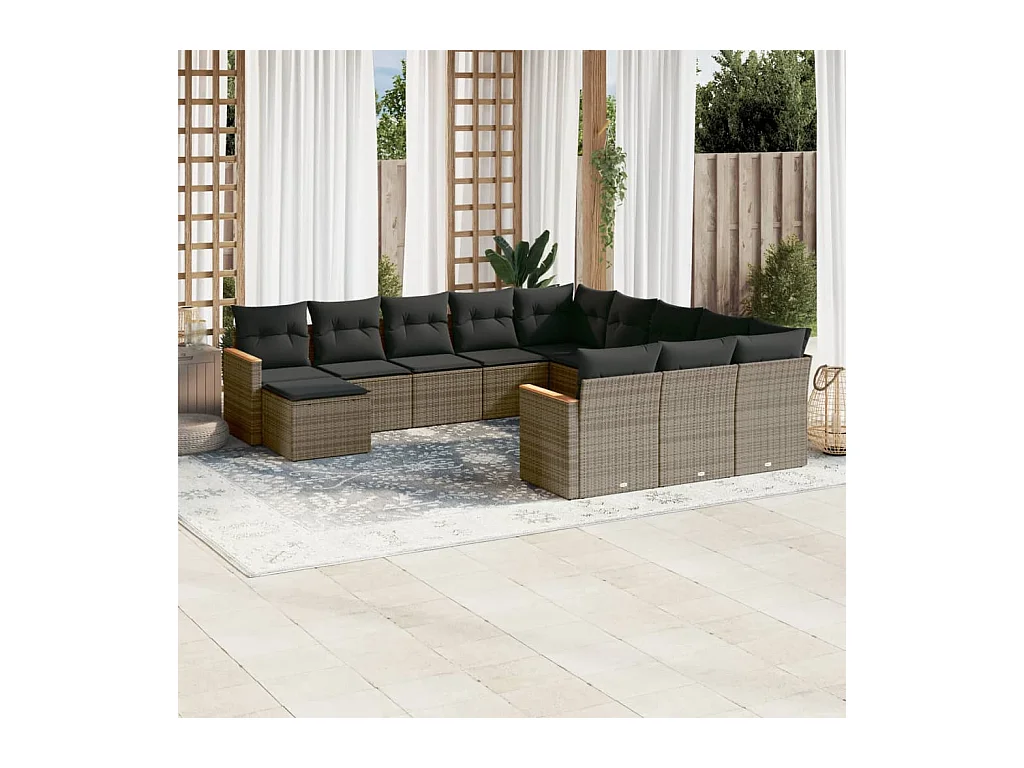 Salon de jardin avec coussins 12 pcs gris résine tressée