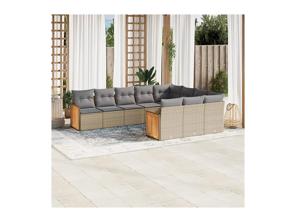 Salon de jardin avec coussins 10 pcs beige résine tressée
