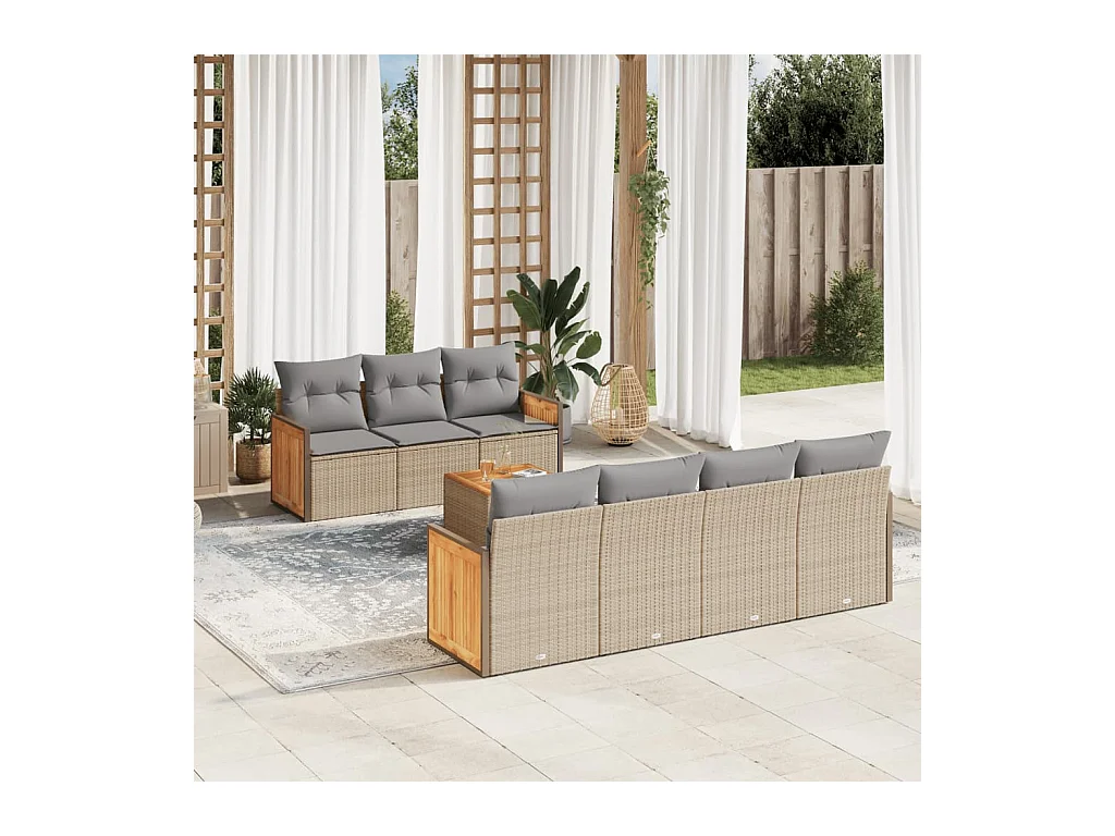 Salon de jardin avec coussins 8 pcs beige résine tressée