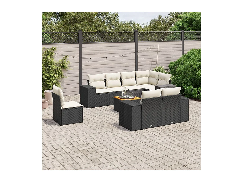 9-tlg. Garten-Sofagarnitur mit Kissen Schwarz Poly Rattan
