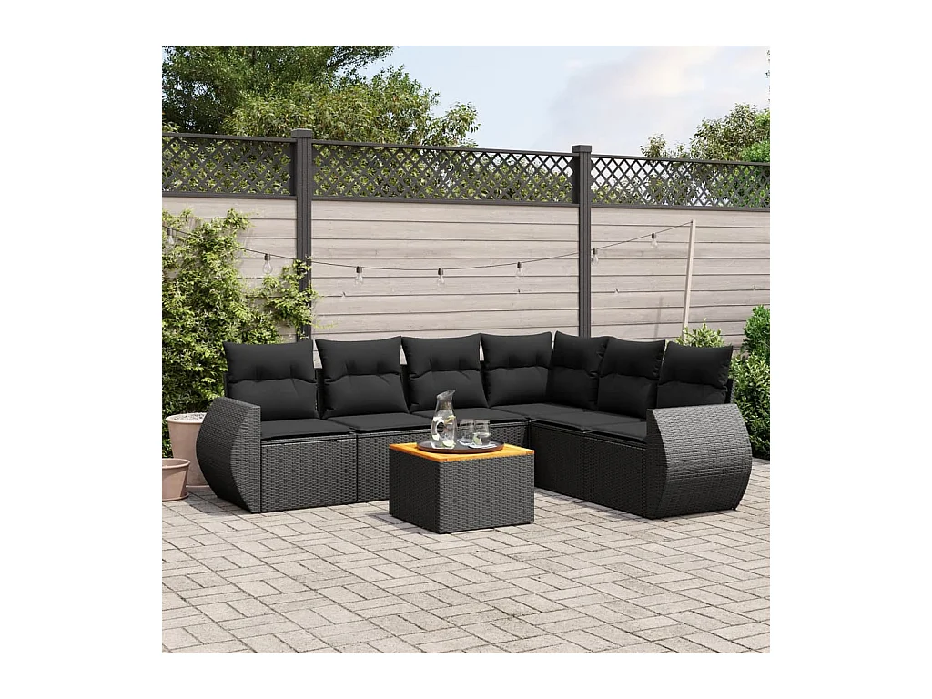 7-tlg. Garten-Sofagarnitur mit Kissen Schwarz Poly Rattan