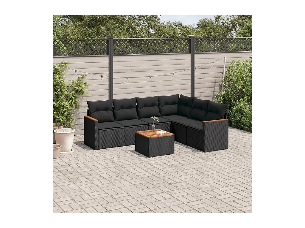 Salon de jardin 7 pcs avec coussins noir résine tressée