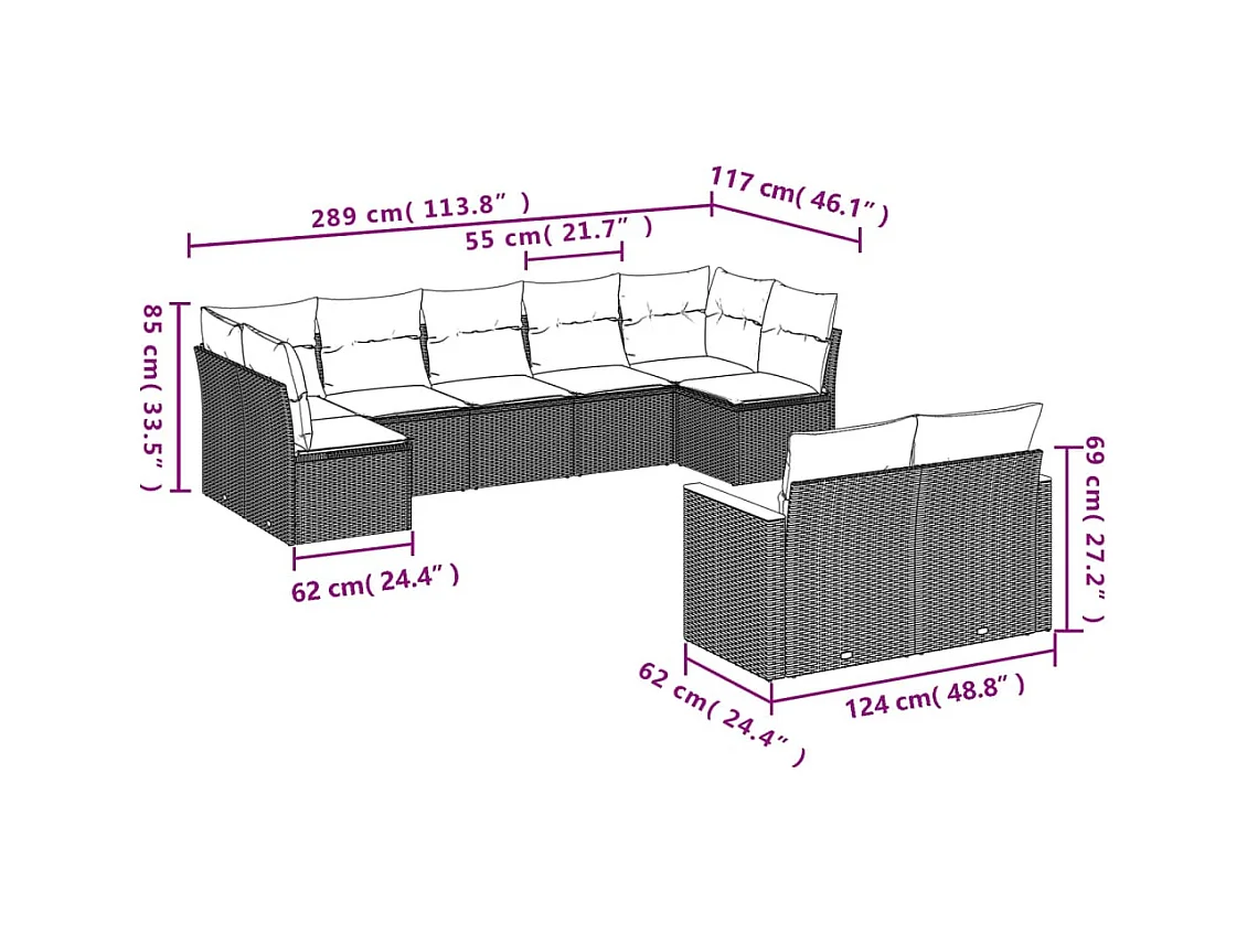 Set Divani da Giardino 9 pz con Cuscini Nero in Polyrattan