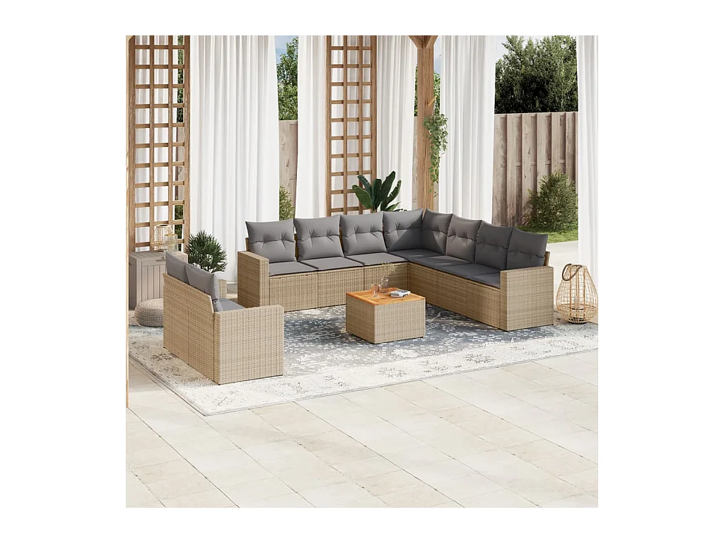 10-delige Loungeset met kussens poly rattan gemengd beige