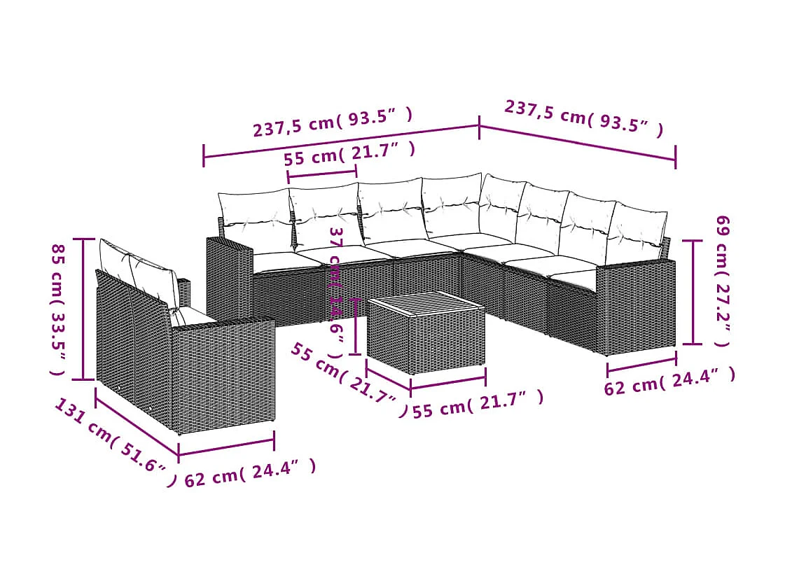 10 pcs conj. sofás jardim c/ almofadões vime PE bege misturado
