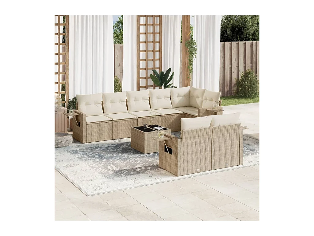 Salon de jardin avec coussins 9 pcs beige résine tressée