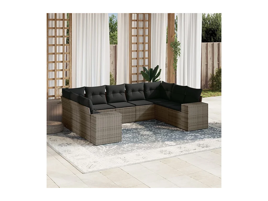 Salon de jardin 9 pcs avec coussins gris résine tressée