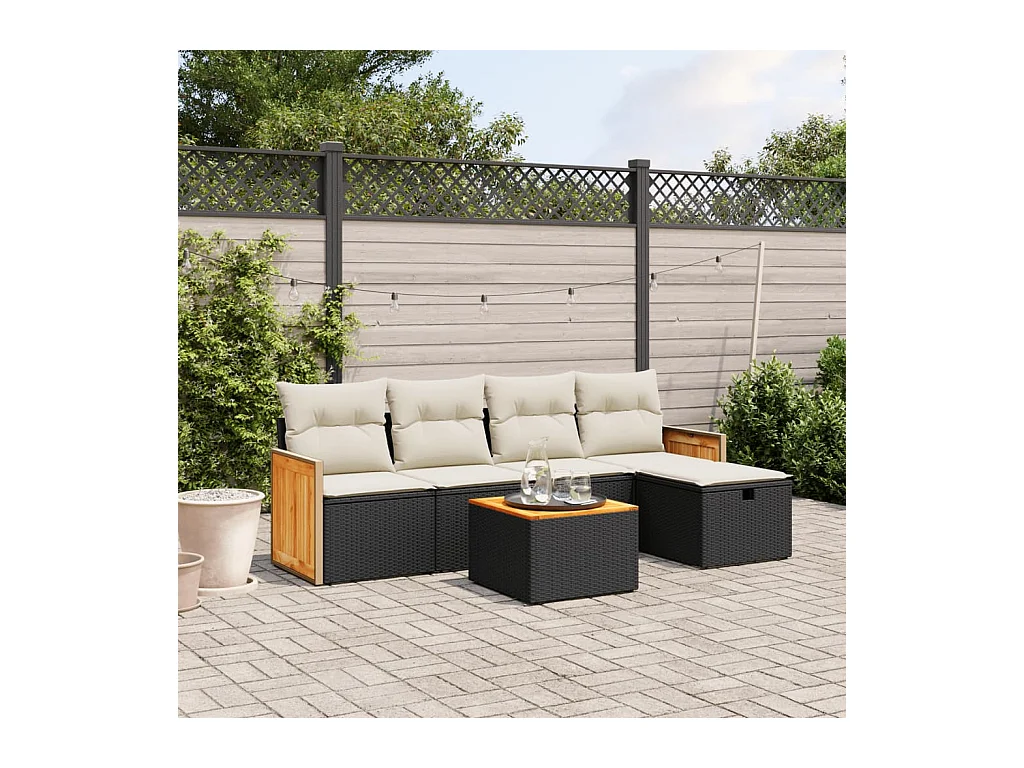 Salon de jardin 6 pcs avec coussins noir résine tressée