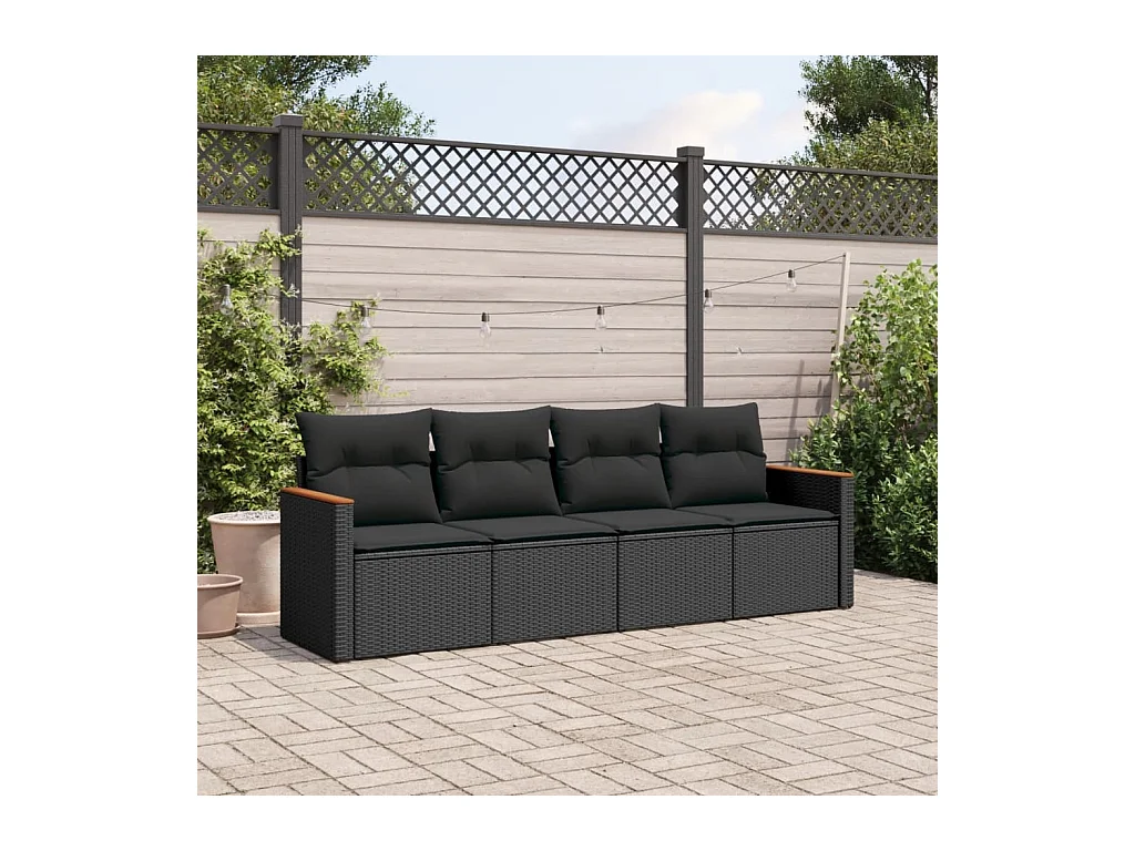 4 pcs conjunto de sofás para jardim c/ almofadões vime PE preto