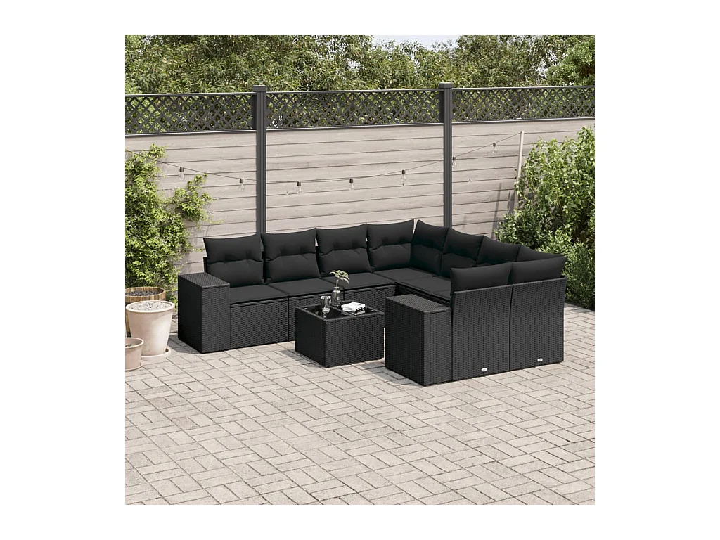 Set Divani da Giardino 9 pz con Cuscini Nero in Polyrattan