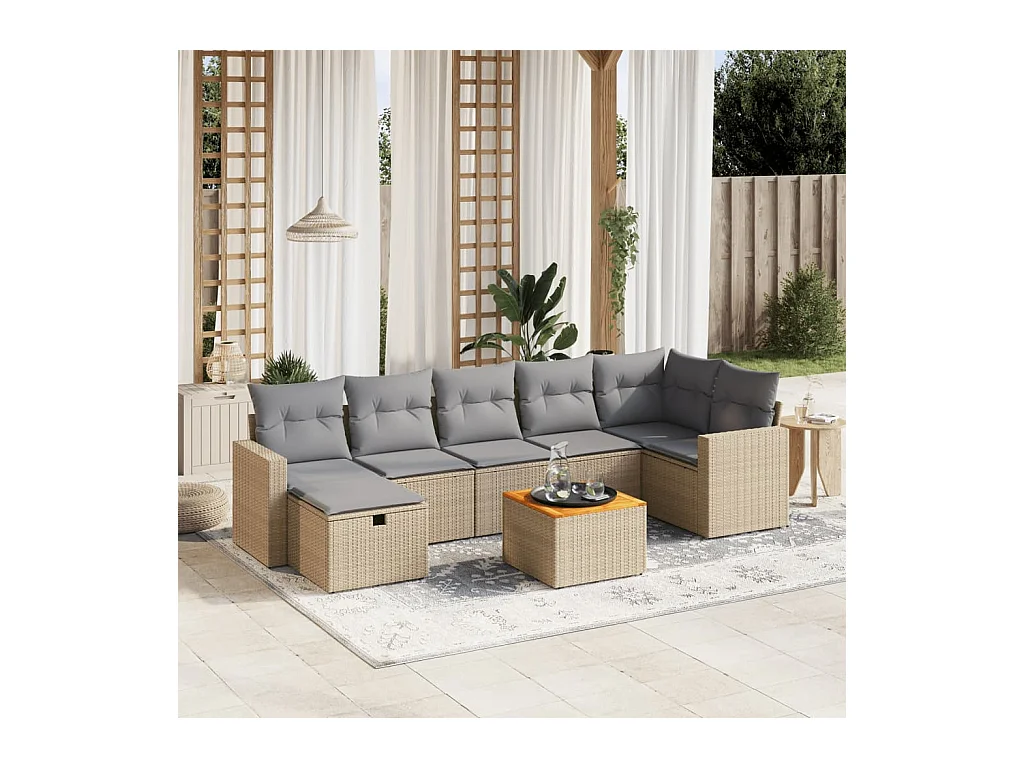 8-delige Loungeset met kussens poly rattan gemengd beige