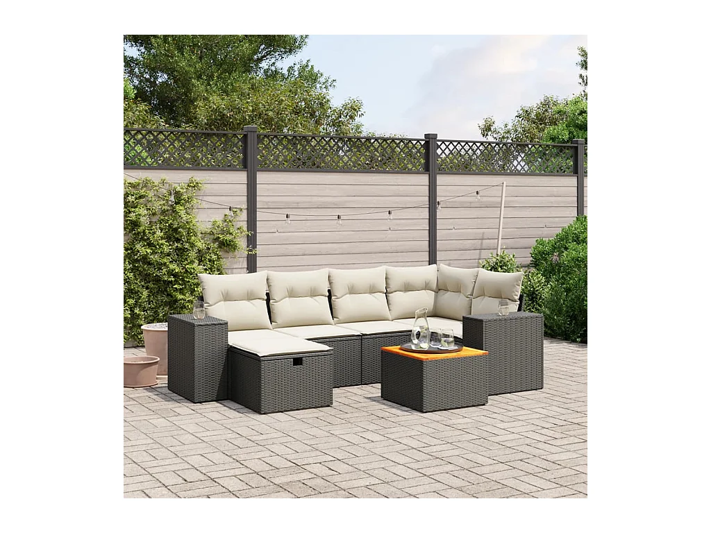Salon de jardin 7 pcs avec coussins noir résine tressée