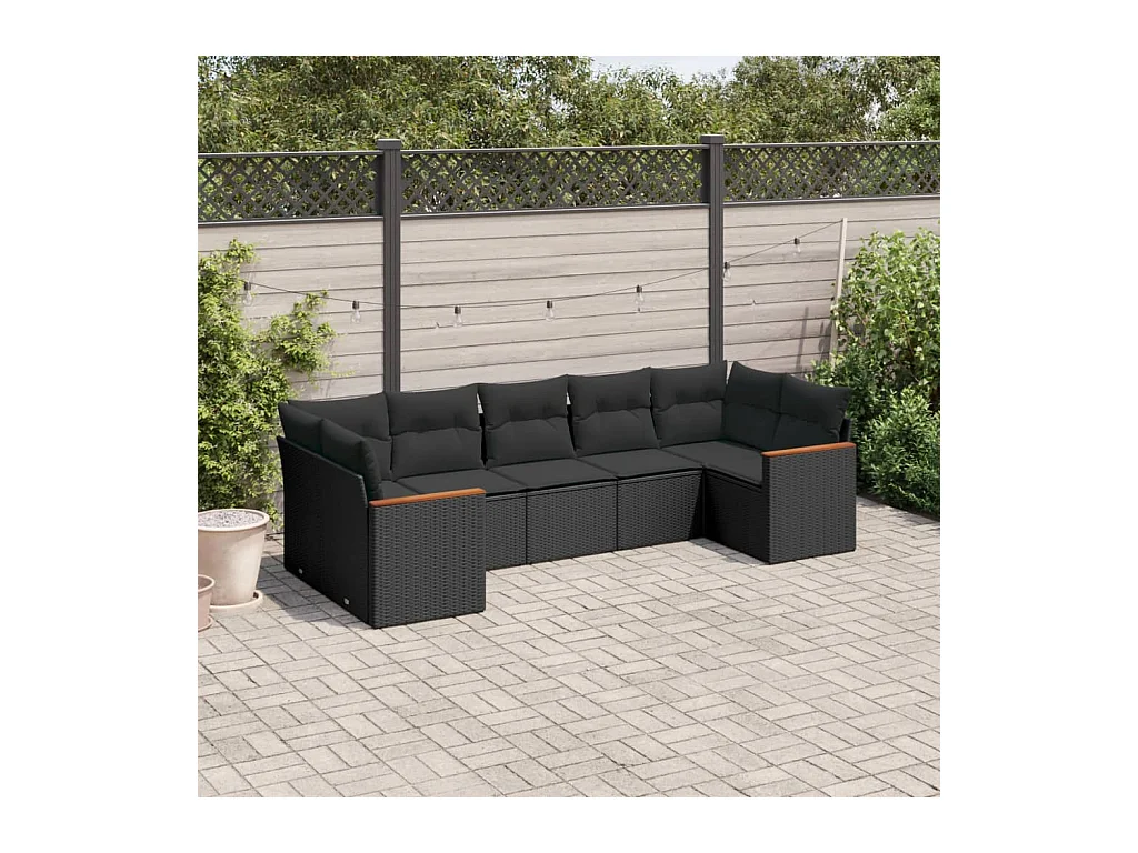 7-delige Loungeset met kussens poly rattan zwart