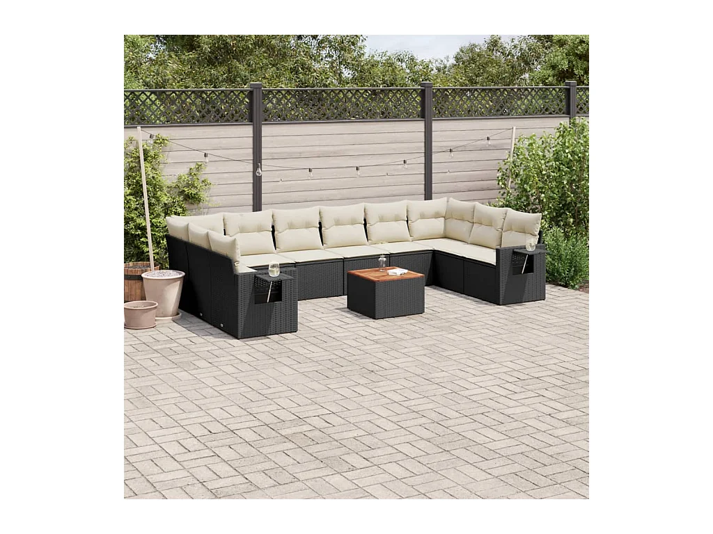 Salon de jardin 11 pcs avec coussins noir résine tressée