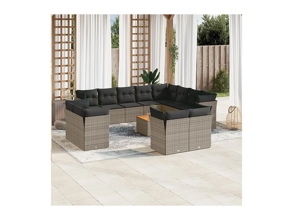 13-tlg. Garten-Sofagarnitur mit Kissen Grau Poly Rattan