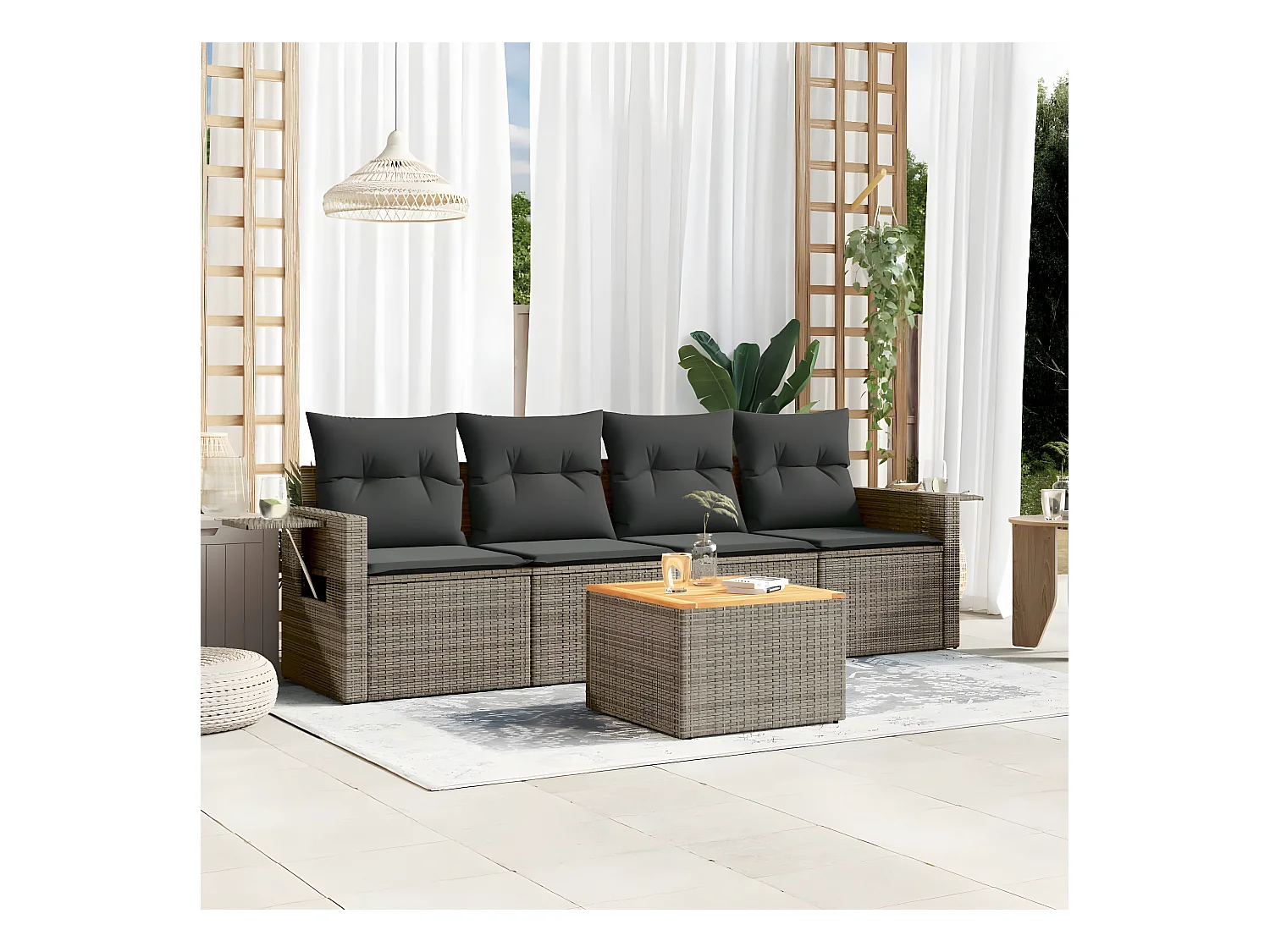 5-delige Loungeset met kussens poly rattan grijs