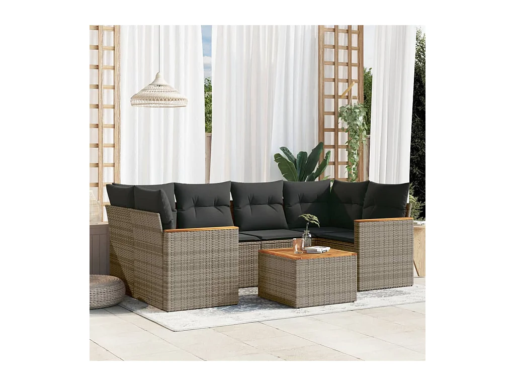 Set de sofás de jardín 7 piezas con cojines ratán PE gris