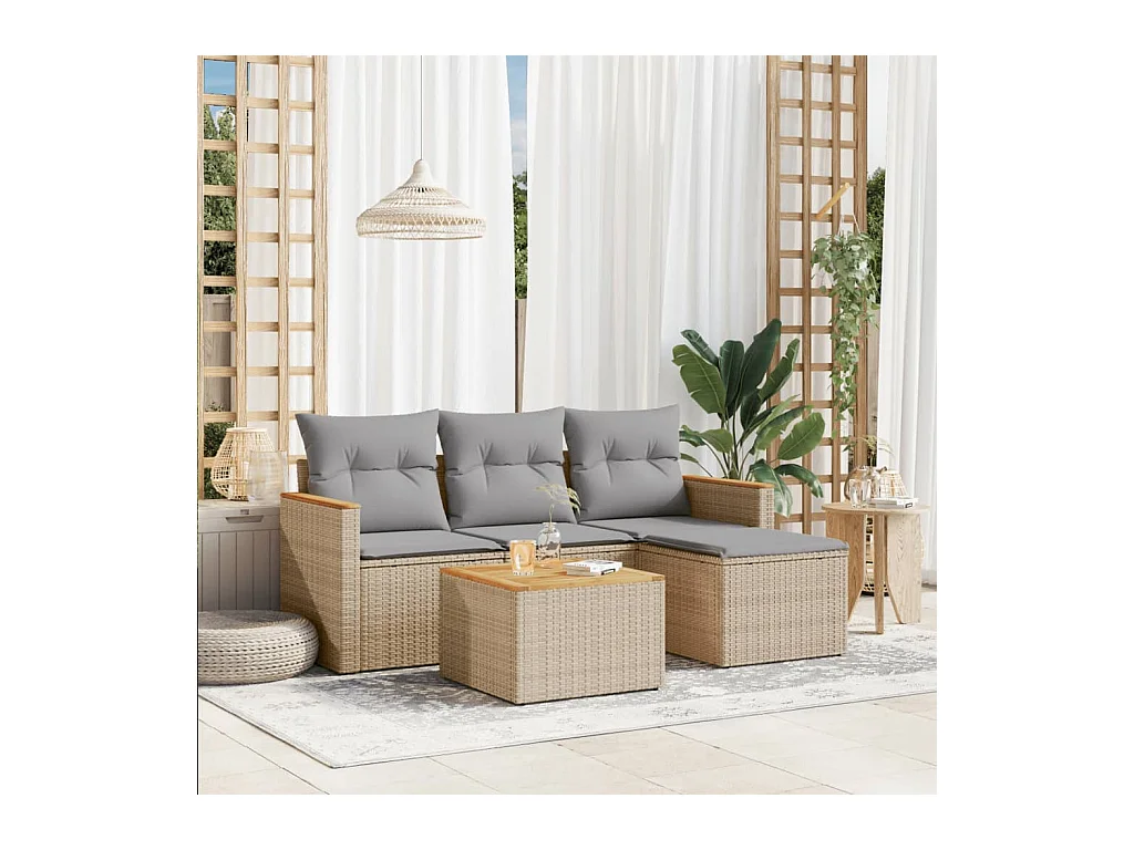Set Divano da Giardino 5 pz con Cuscini Beige Misto Polyrattan