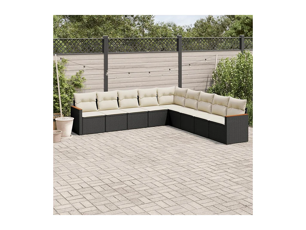 9-delige Loungeset met kussens poly rattan zwart