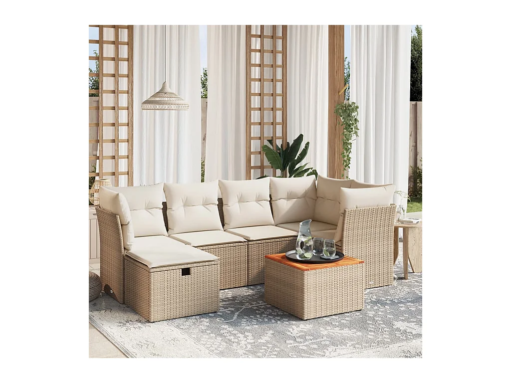 Salon de jardin avec coussins 7 pcs beige résine tressée
