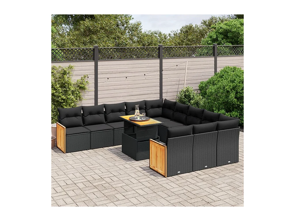 Salon de jardin 11 pcs avec coussins noir résine tressée