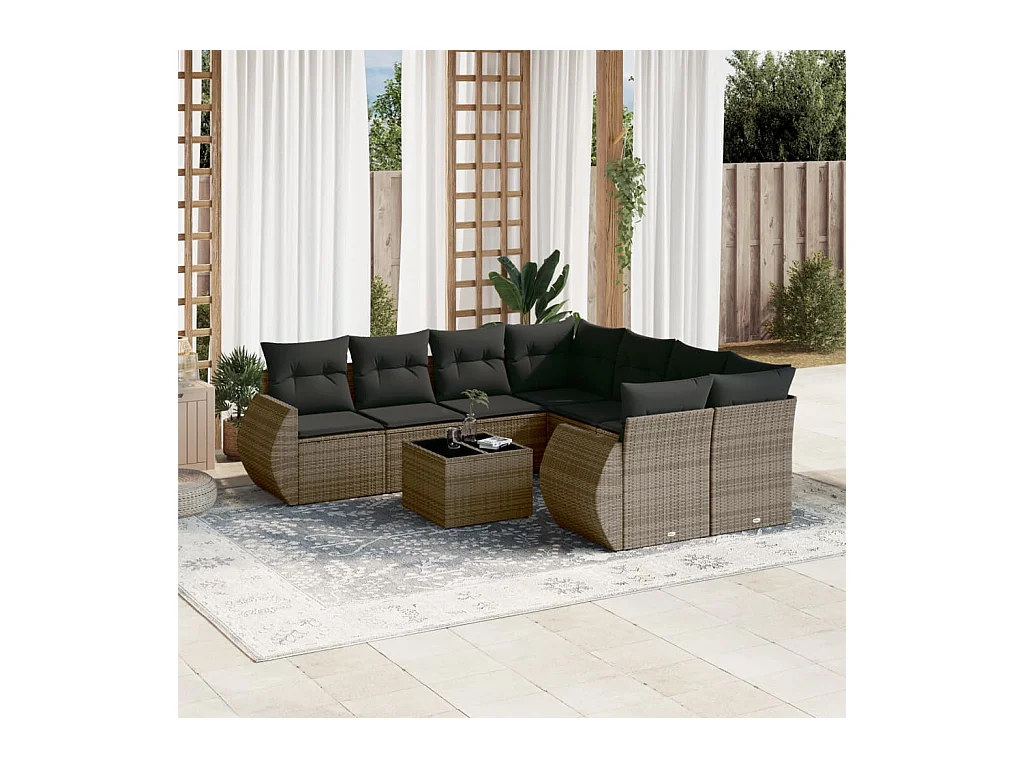 Salon de jardin 9 pcs avec coussins gris résine tressée