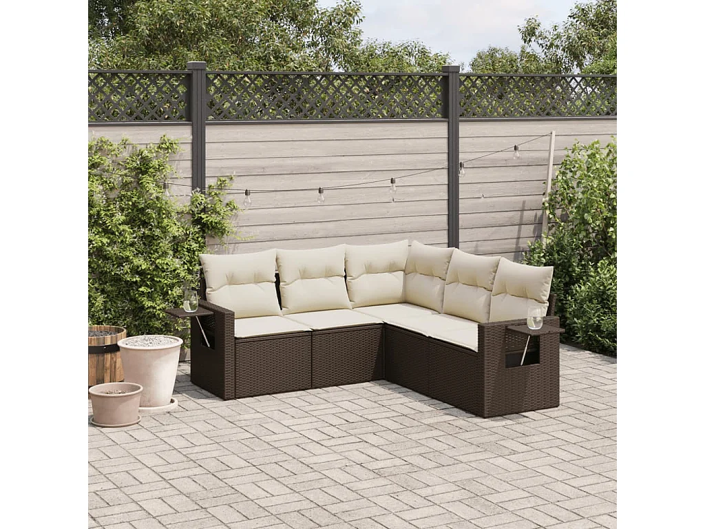 Salon de jardin avec coussins 5 pcs marron résine tressée