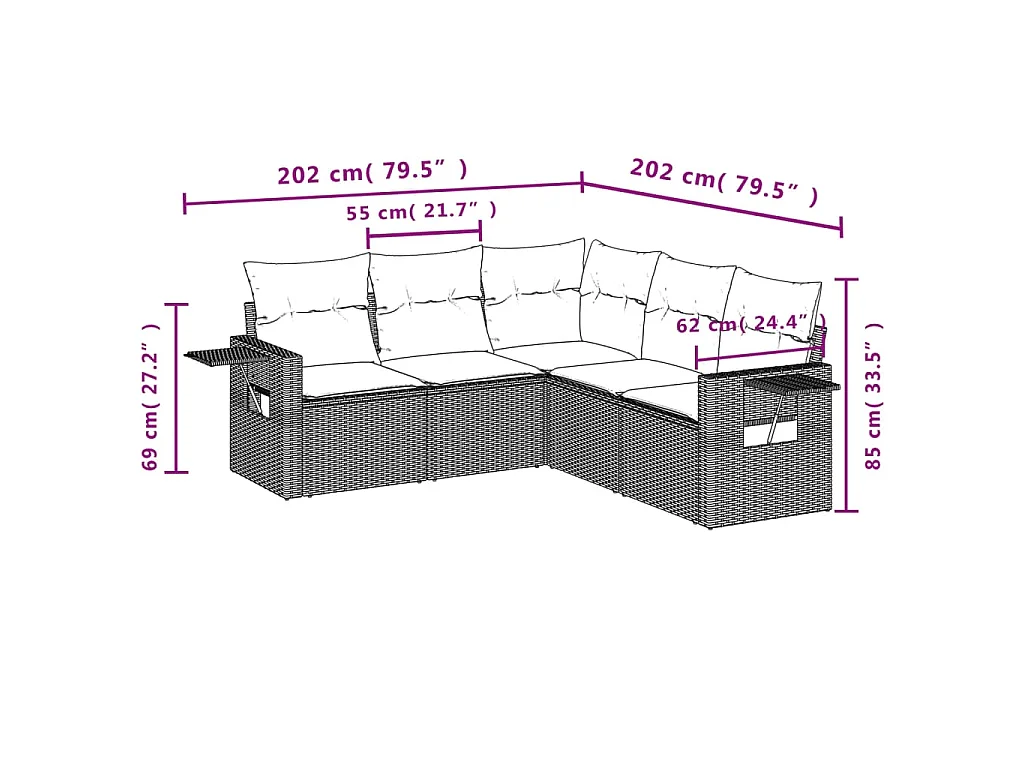 Salon de jardin avec coussins 5 pcs marron résine tressée