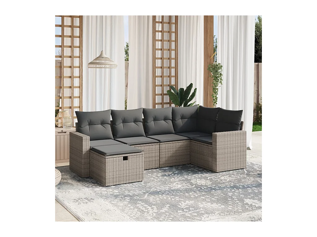 6-delige Loungeset met kussens poly rattan grijs