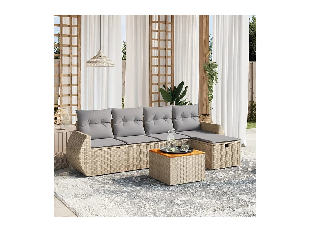 Set Divano da Giardino 6 pz con Cuscini Beige Misto Polyrattan