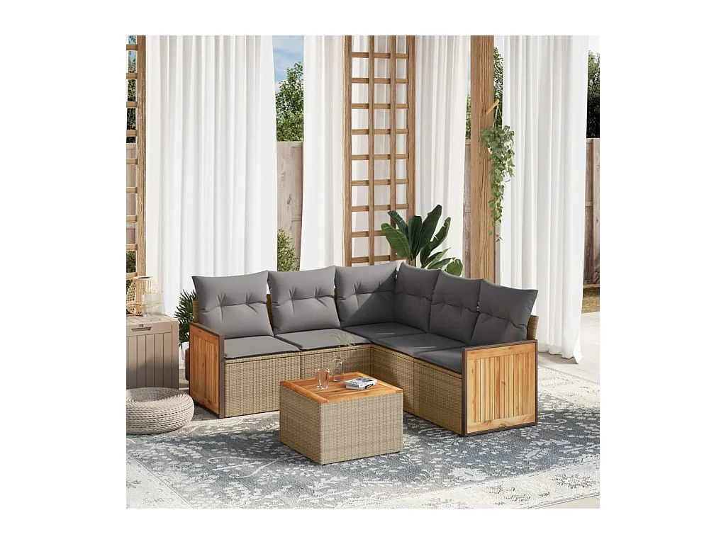 Salon de jardin avec coussins 6 pcs beige résine tressée