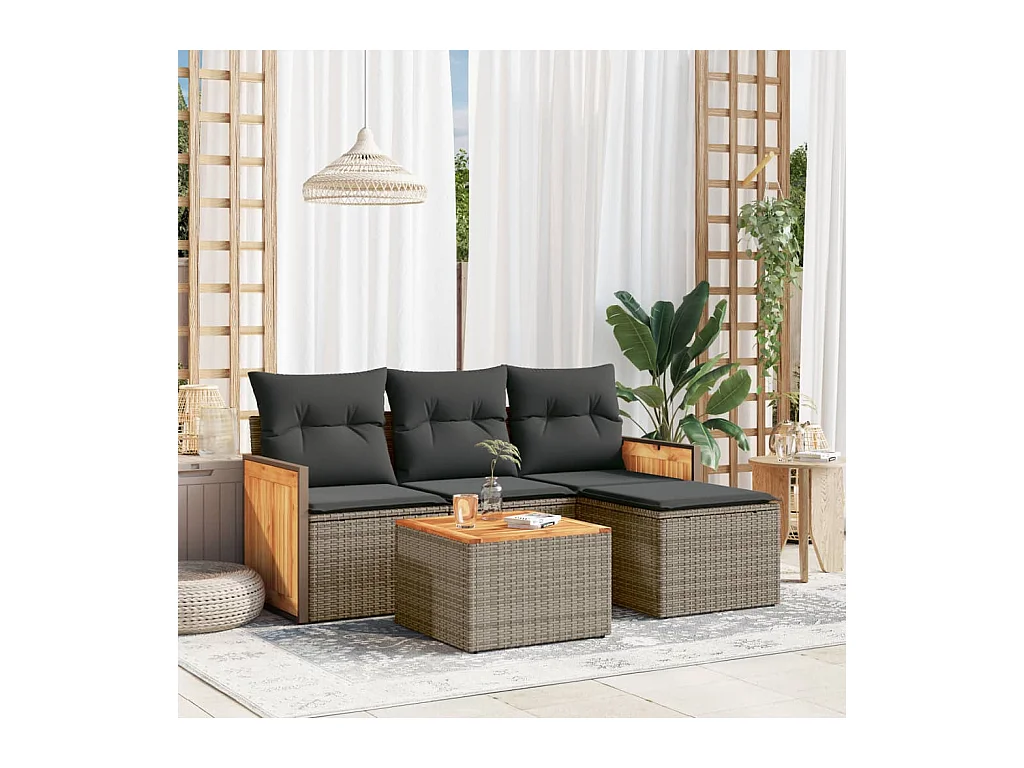 Set Divano da Giardino 5 pz con Cuscini Grigio in Polyrattan
